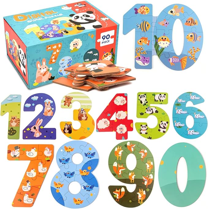 Wooden Floor Puzzles for Kids,Montessori Preschool Educational Learning Number Puzzle & Animal Puzzle Matching Games Easter Basket Stuffers Gifts for Boys Girls Ages 3+