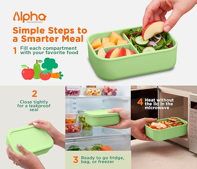 Silicone Bento Box for Kids, 3 Compartment Lunch Box, Small Portions, BPA Free Snack Container, Leak Resistant, Easy to Clean, Dishwasher Safe