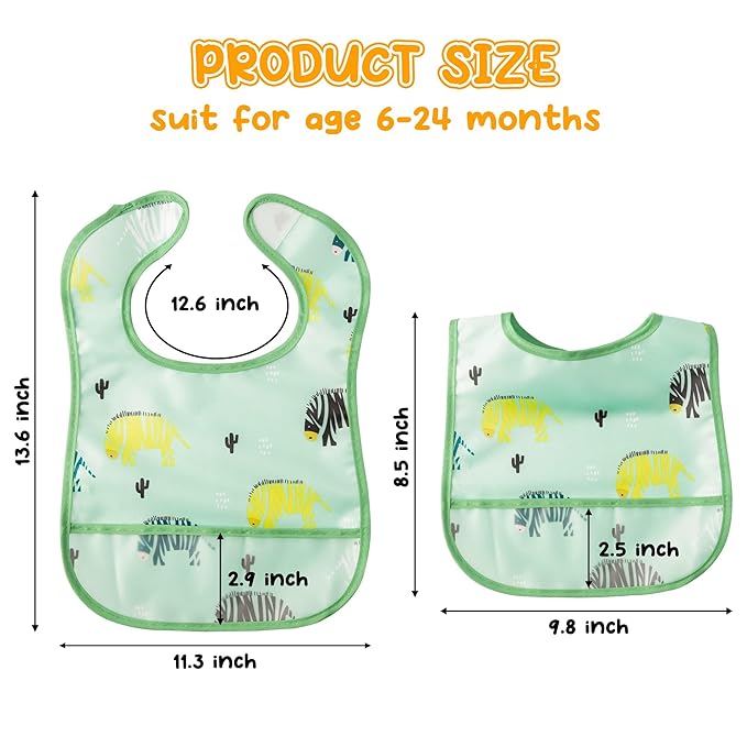 6Pcs Waterproof Toddler Bibs Baby Feeding Bib Set with Crumb Catcher Pocket Infant Adjustable Baby Teething Bib Babies Sleeveless Animals Food Bibs Keepsake Gift for Baby Shower, 6-24 Months