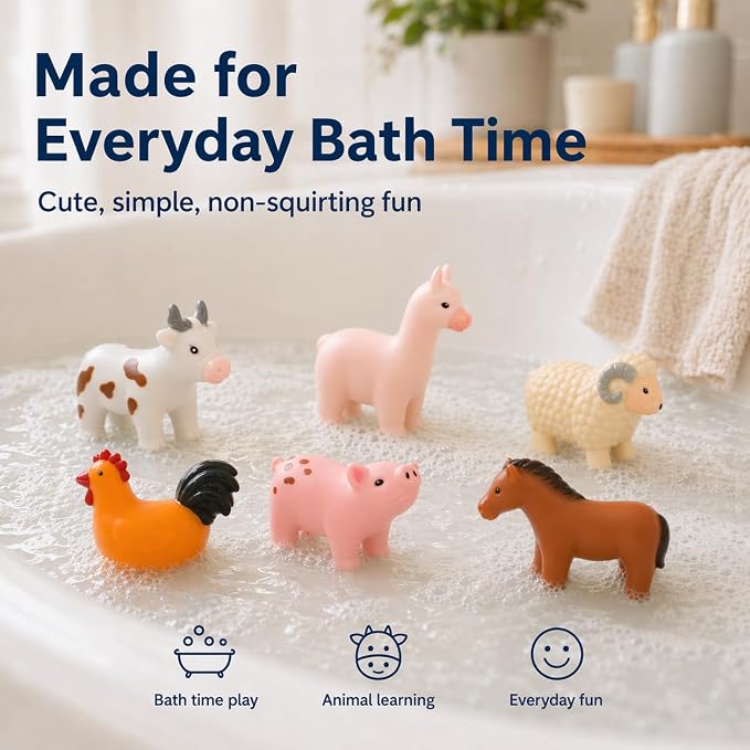No Hole Bath Toys for Babies, 6 Pack Sealed Farm Animal Bath Toys for Toddlers 1-3 with Mesh Storage Bag, Soft Non-Squirting Baby Water Toys, Cow Pig Horse Sheep Chicken Alpaca