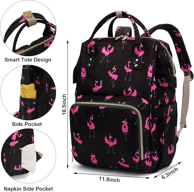 Flamingo Baby Diaper Bag Backpack for Women, Large Capacity Waterproof Maternity Travel Nappy Backpacks with Stroller Straps