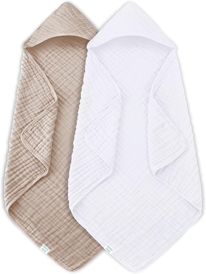 MOON PARK 2 Pack Muslin Hooded Baby Bath Towels for Newborns, Infants, Toddlers - 100% Cotton - Large 32x32Inch Size - Highly Absorbent and Essential, White and Brown