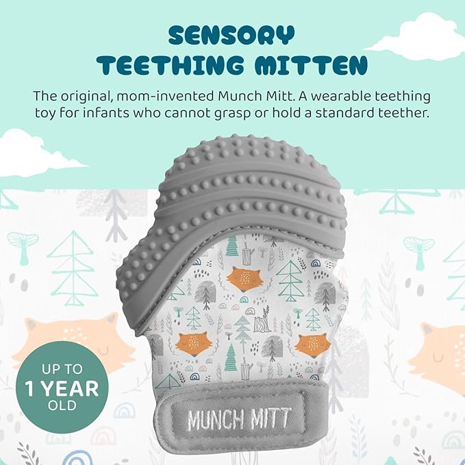 Munch Mitt Patented Teething Mitten Baby Chew Toy - Protects Hands from Chewing & Saliva, Heals Aching Gums, Promotes Sound & Visual Stimulation for Babies - Grey Fox