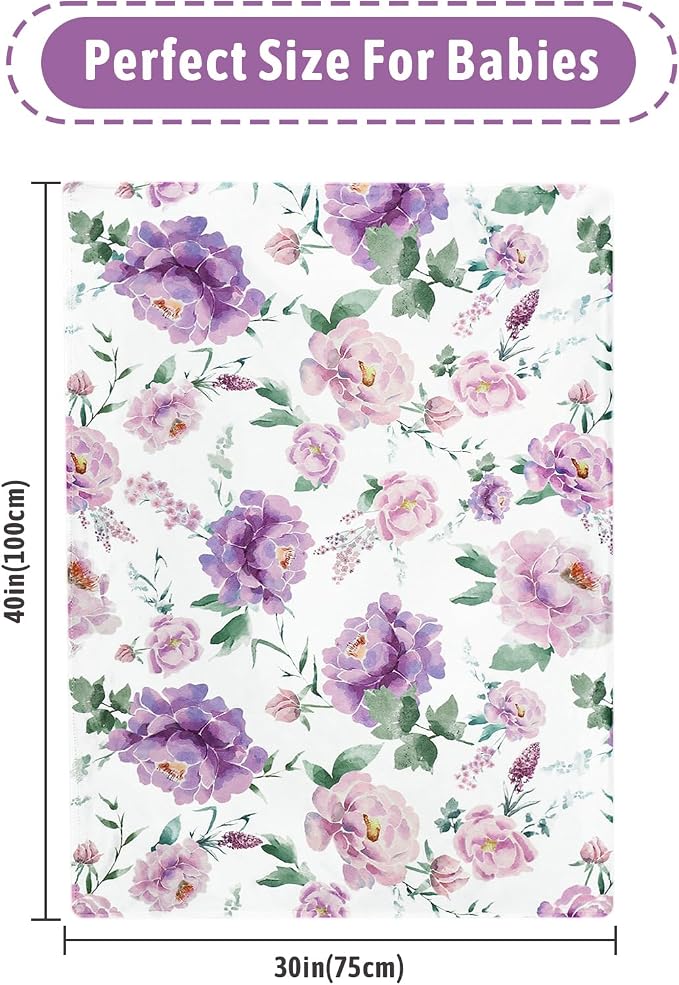 Baby Girl Blanket, Sotf Crib Swaddle Blanket, Dotted Backing, Reversible Bedding Soft Blanket for Newborn, Toddler Girls Boys Gift, 30 x 40 Inch, Purple Floral