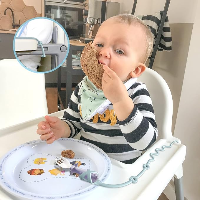 Baby Spoons Self Feeding 6 Months Silicone Strap Toddler Utensils Fixer Highchair Accessories-Gelinor Feeding Aid for Keep Baby Utensils Close at Hand and Off The Ground(Beige)-No Spoon