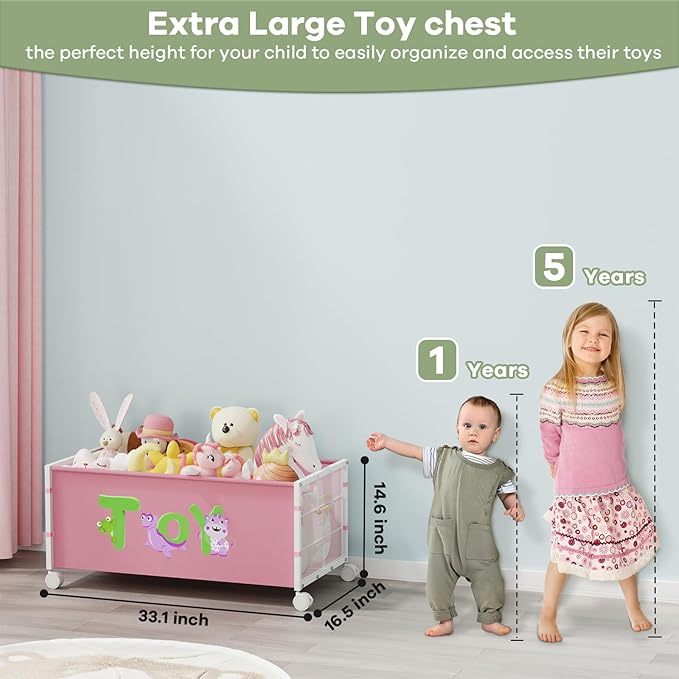 120L Kids Extra Large Toy Box with Wheels & Handle, 33.1??x 16.5??x 14.6??Big Toy Chest for Boys Girls, Toy Storage Organizer for Living Room Area, Playroom(Pink, 1PC)