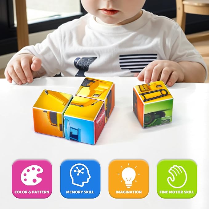 Pairez Toys Magnetic Cubes for Toddler, 1.65 inch Large Building Blocks Tiles, Construction Vehicles Puzzles Game for Toddlers, STEM Educational Learning Toys for Boys & Girls Ages 1 2 3