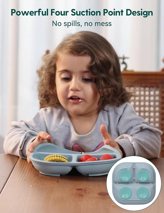 Babelio Powerful Suction Plates for Baby and Toddler, 100% Food Grand Silicone, Divided, BPA Free, Microwave & Dishwasher Safe, Stay Put, 3 Pack