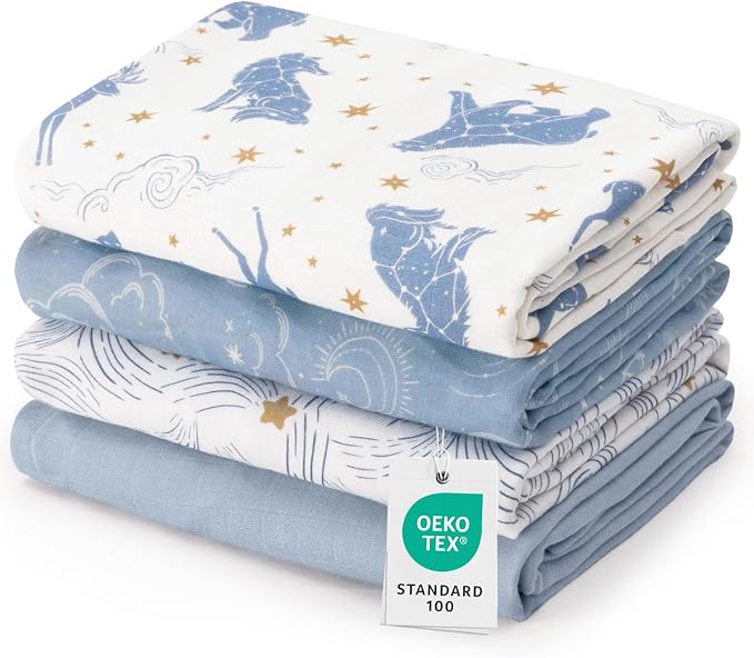 david's kids Muslin Swaddle Blankets, 4 Pack Organic Cotton Baby Blankets, Breathable Soft Receiving Blanket for Boys Girls, Newborn Essentials, Large 47 x 47 inches, Star