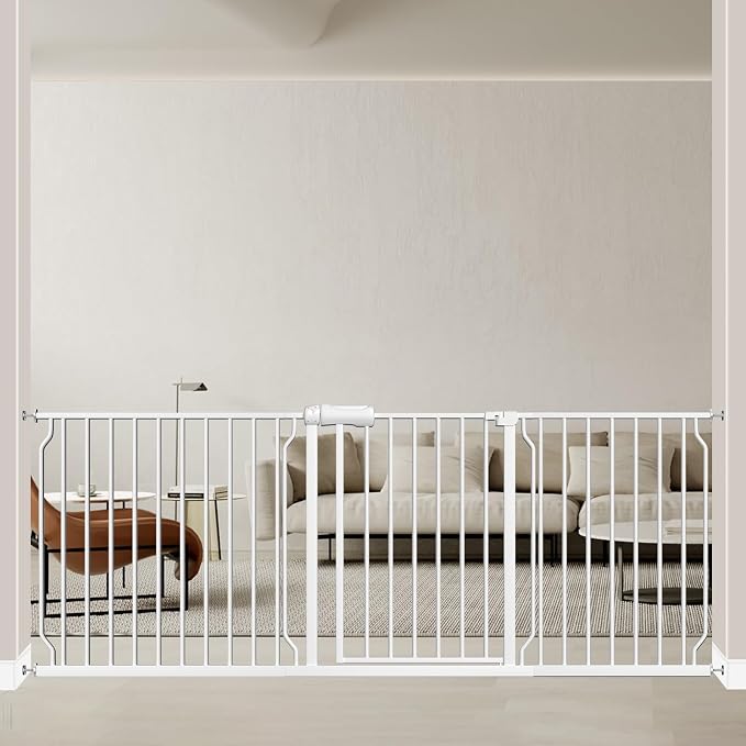 ALLAIBB Extra Wide Pressure Mounted Baby Gate Walk Through Child Kids Safety Toddler Tension White Long Large Pet Dog Gates with Extension for doorways Kitchen (76.38"-81.10"/194-206cm)