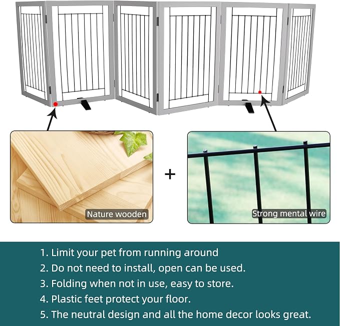 Dog Fence Indoor - 6-Panel Freestanding Dog Gate for Doorways, Hallways, House or Stairs -120x32-Inch Retractable Foldable Expandable Wood Pet by SFJC (Grey)