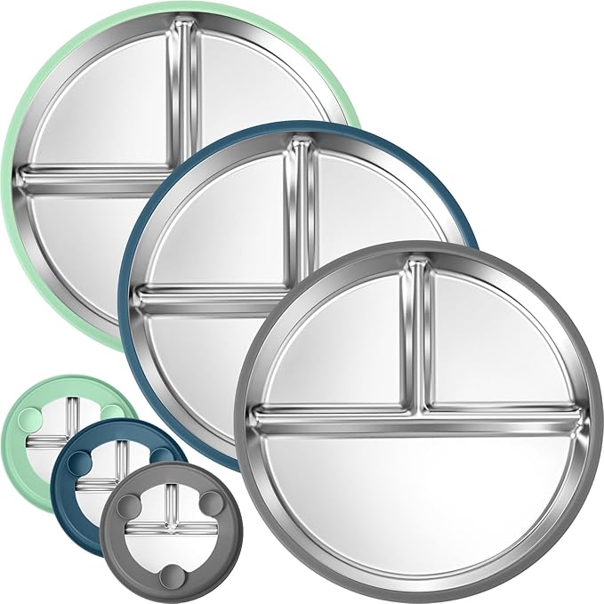 BUSOHA 3 Pack Stainless Steel Kids Plate Set - 9??Divided Toddler Baby Plates with Silicone Sleeves with Suction 2-in-1 Anti Breakage Metal Toddler Bowls Microwave Dishwasher Safe