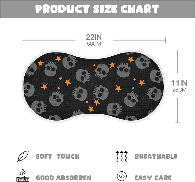 Halloween Skull Muslin Burp Cloths for Baby Boys and Girls - 4-Pack Ultra Absorbent Muslin Washcloths, Newborn Towel, Milk Spit Up Rags, Burp Cloth Bib for Unisex, 22 x 11 Inch