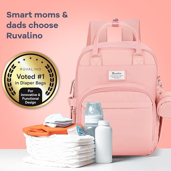 RUVALINO Diaper Bag Backpack, Multifunction Travel Back Pack for Girls, Maternity Baby Changing Bags with Changing Pad for Mom, Large Capacity, Waterproof and Stylish, Pink