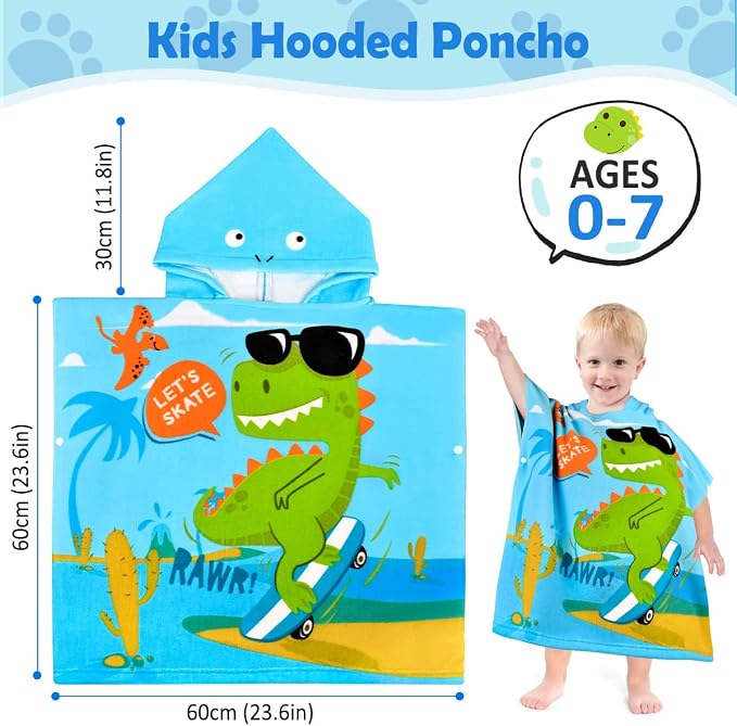 HUANLANG Kids Hooded Pool & Bath Poncho, Super Soft & Absorbent Cotton Towel, Dinosaur Beach Towels for Toddlers 0-7 Years Old