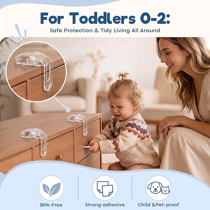 Baby Proofing Drawer Locks,Viaky Child Safety Cabinet Locks,No Drilling or Tools Required,Multi Use Baby Cabinet Latches for Drawers Cupboards Ovens Cabinets(4 Pack,Transparent)