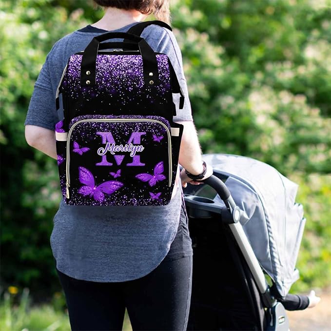 MyPupSocks Custom Diaper Bag with Butterfly Personalized Name Multifunctional Mommy Backpack for Daughter Granddaughter, Daypack Bag for Travel