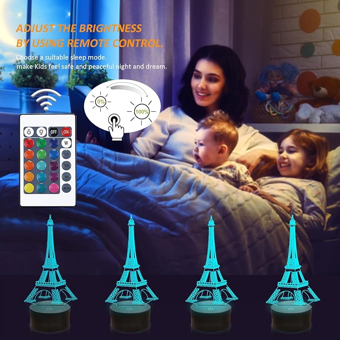 FULLOSUN Eiffel Tower Nightlight 3D Illusion Lamp Visual Bedroom Decoration LED Lamp with Remote Control 16 Color Changing Paris Fashion Style Acrylic Gifts for Birthday Xmas
