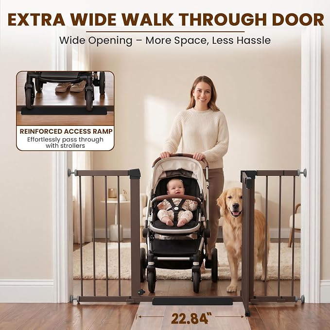 Mumeasy 29.7–51 Inch Extra Wide Baby Gate for Stairs, Extra Long Indoor Dog Gate for Doorways, Pressure Mounted Walk Thru Child Gate with Auto-Close, No-Drill Safety Pet Gate with Door for House,Brown