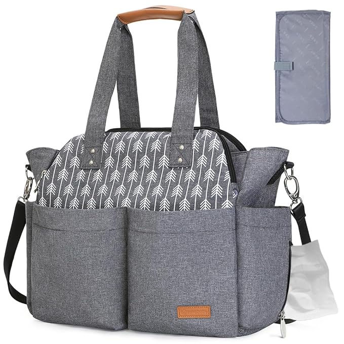 Lekebaby Diaper Bag Tote, 17 Pockets Large Travel Diaper Tote Waterproof with Portable Changing Pad, Mom Crossbody Hospital Bag for Labor Delivery, Baby Essentials for Newborn Gifts, Grey