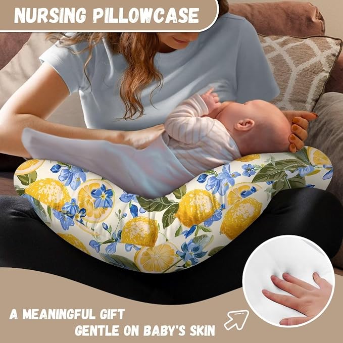 Lemon Floral Nursing Pillow Cover, Stretchy Soft Fabric Removable Covers for Breastfeeding Pillows Safely Fits On Standard Infant Nursing Pillows