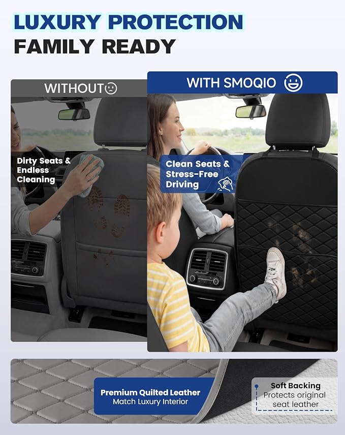 Seat Back Protectors for Kids, Car Kick Mats for Back of Front Seats with Large Pocket Organizer, Waterproof, Protects Against Dirt, Scuffs & Scratches, Fits Most Vehicles, 2PCS (Gray)