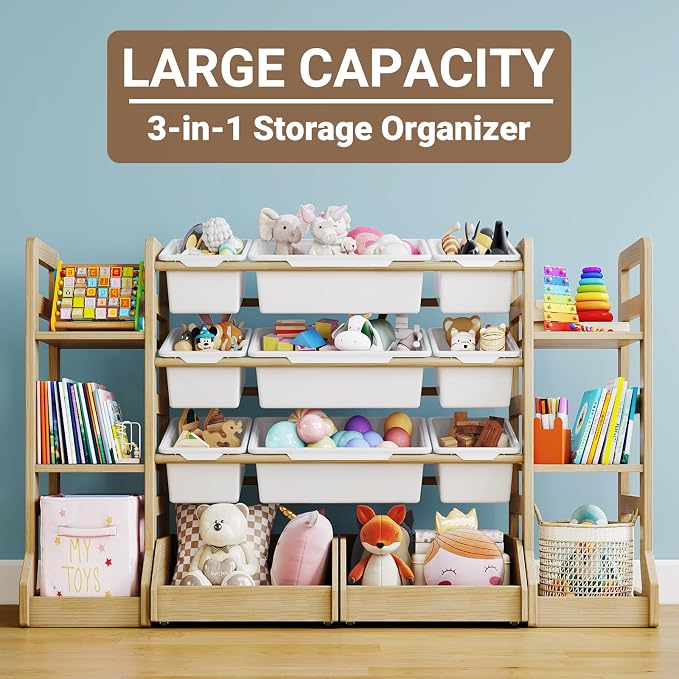 Kids Toy Storage Organizer with Bookshelf, Wooden Toy Shelf with 6 Shelves and 9 Bins and 2 Wheeled Drawers, Extended Base Storage Cabinet for Playroom, Kids Room, Nursery Organization
