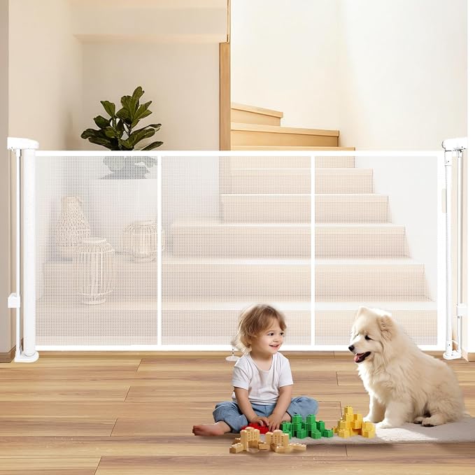 55" Retractable Baby Gate Extra Wide, 41" Tall Retractable Dog Gate for Stairs, Doorways, Decks, Mesh Gate Long Child Gate Pet Gate for Indoor, Outdoor, with Reinforced Mesh Rods, Dual Locks
