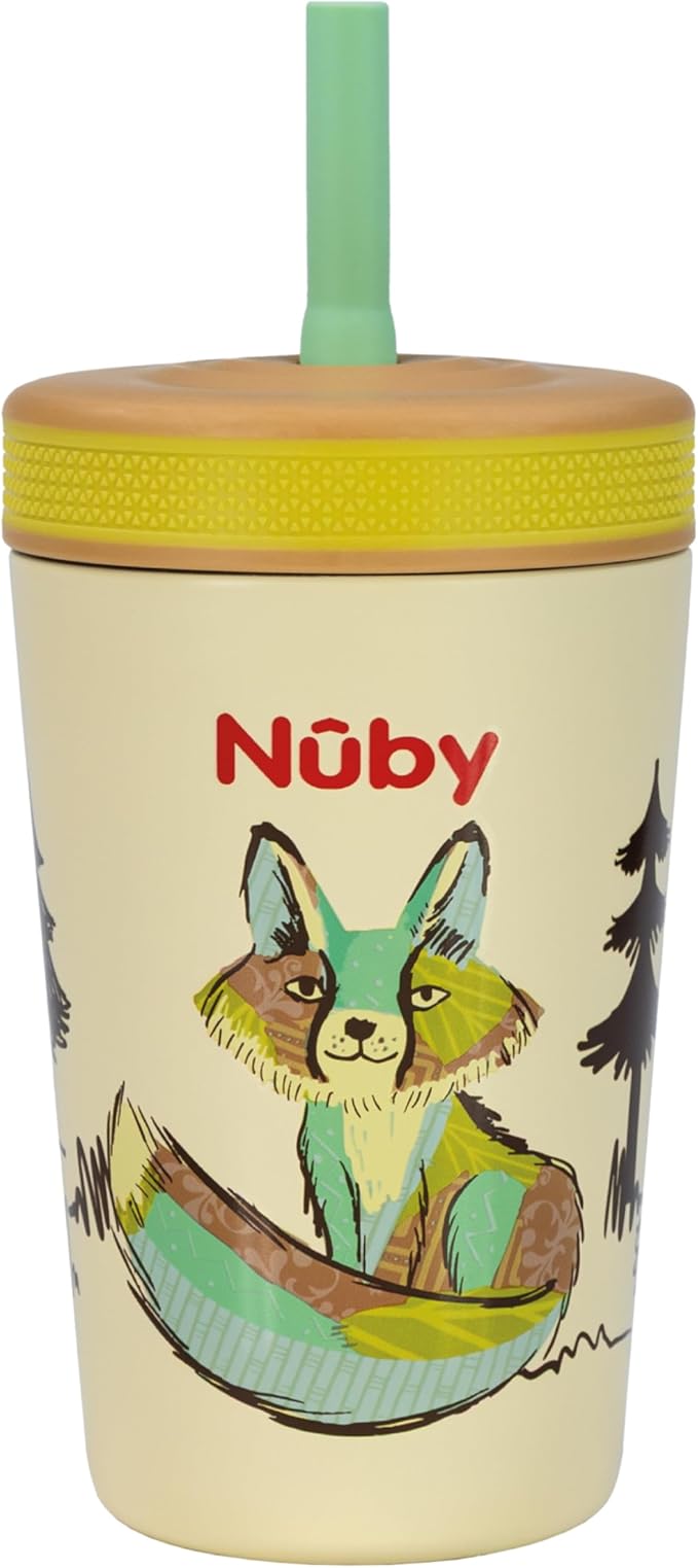 Nuby Thirsty Kids Insulated Toddler Cup with Silicone Flexstraw - 12 oz - Stainless Steel and Leak-Resistant - 18+ Months - Fox