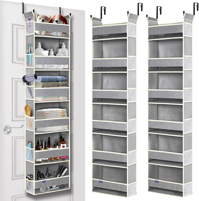 2 Pack Over The Door Hanging Organizer 6-Shelves and 12 Side Pockets, Over The Door Storage for Bathroom and Bedroom, Back of Door Organizers for Baby Products and Kid's Toys(13"x5"x54" Grey)