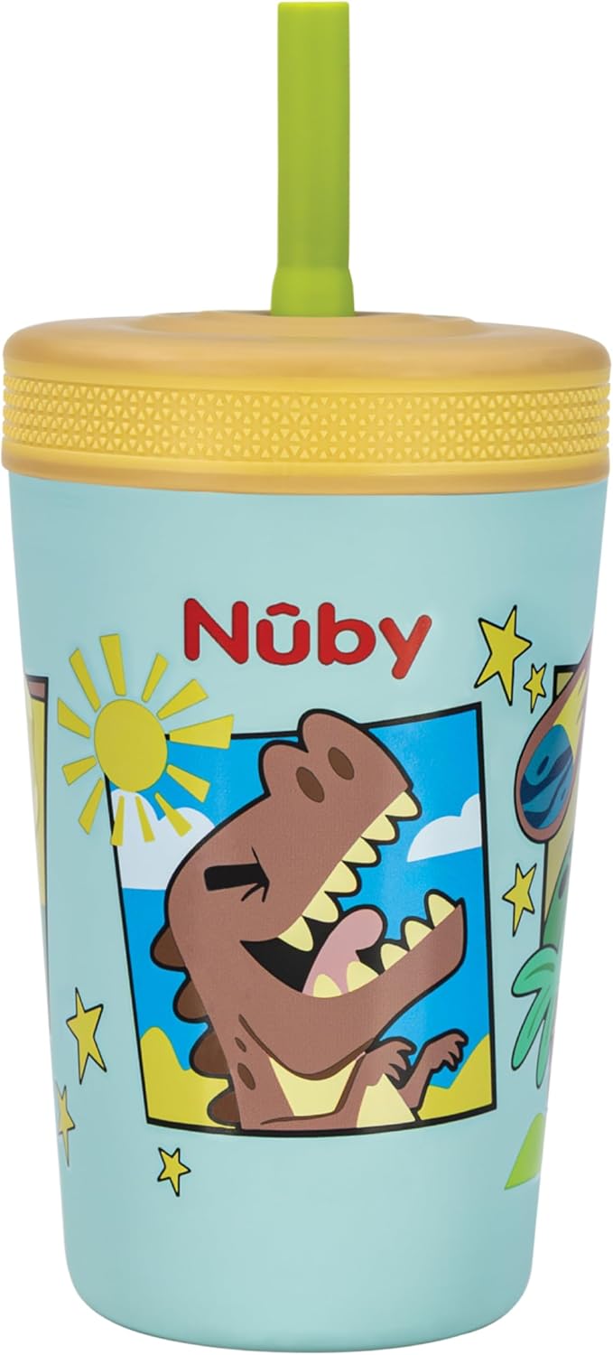 Nuby Thirsty Kids Insulated Toddler Cup with Silicone Flexstraw - 12 oz - Stainless Steel and Leak-Resistant - 18+ Months - Dinosaurs