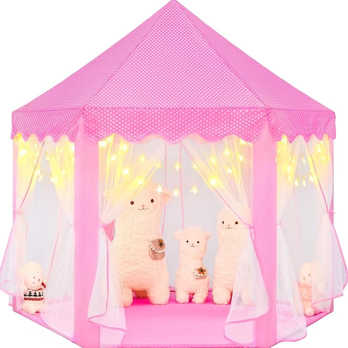 Princess Tent for Girls Age 4-7 with Star Lights, Kids Play Tent for Girls Indoor, Castle Playhouse Tent for Toddlers, Pink Princess Toy Tent 55x53 inch