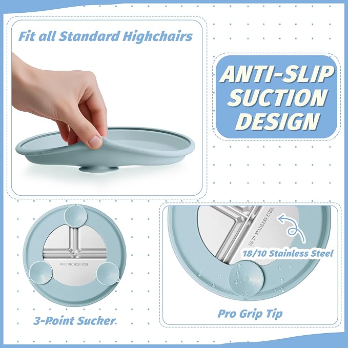 HaWare 2 Pack Stainless Steel Baby Suction Plates, 9 Inch Divided Toddler Plate with Removable Silicone Sleeves, Non Toxic & BPA Free Kids Feeding Set, Dishwasher Safe (Blue/Pink)
