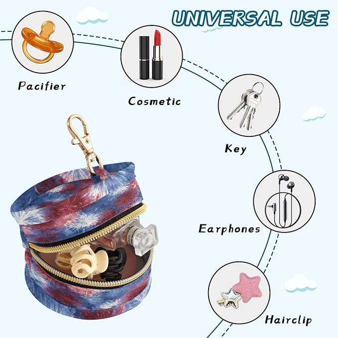 Pacifier Holder with Clip Pacifier Case for Diaper Bag Round Baby Pacifier Pouch Box Bag Portable Retro Tie Dye Fireworks