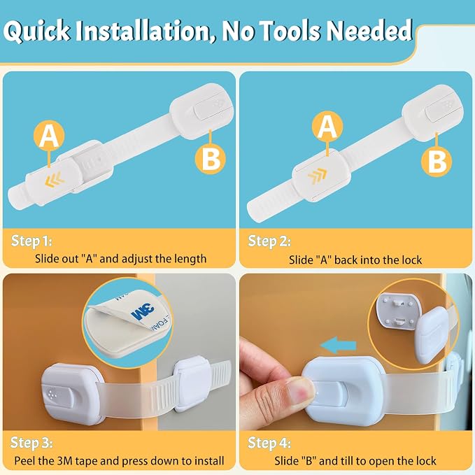 12-Pack Baby Safety Locks - Refrigerator, Oven, Drawer and Cabinet Locks, 3M Adhesive, No Screws or Magnets, Adjustable Size, for Kitchen, Dining Room, Living Room, and Bathroom