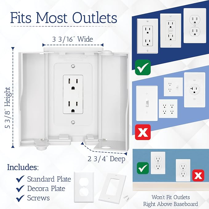Safety Innovations Twin Door Baby Safety Outlet Cover Box for Babyproofing Outlets - More Interior Space for Extra Large Electrical Plugs and Adapters - Easy to Install - Easy to Use, (2-Pack)