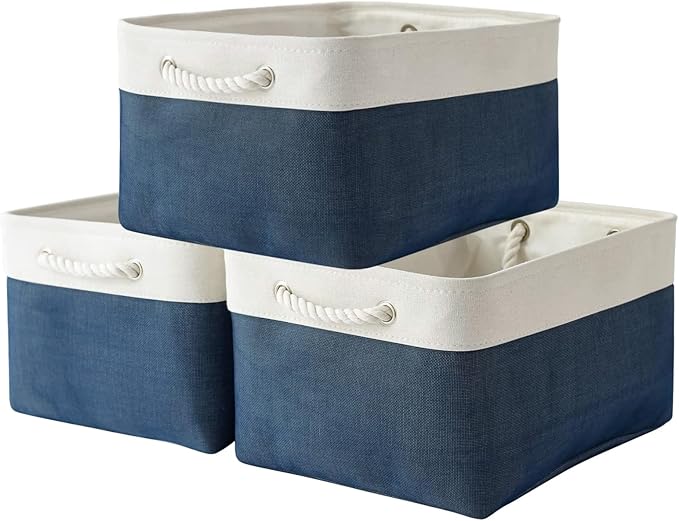 TheWarmHome Collapsible Storage Bin for Shelves - Large 3 Pack 16x12x8 inch Storage Basket for Organizing with Handles, Canves Storage Box for Organizer Toy Closet Cloth Gift (White & Jean Blue)