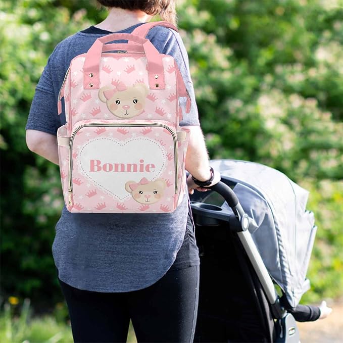 M YESCUSTOM Personalized Pink Crown Print Diaper Bag Custom Multi Function Name Mommy Bag Customized Gift for Mothers Day Fathers Day (Pink)