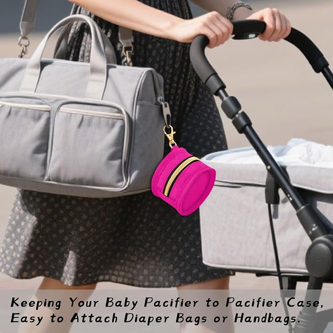 Hot Pink Pacifier Holder Case Newborn Pacifier Storage Pouch for Boys Girls Easy Attach to Diaper Bag Portable Baby Essentials Container