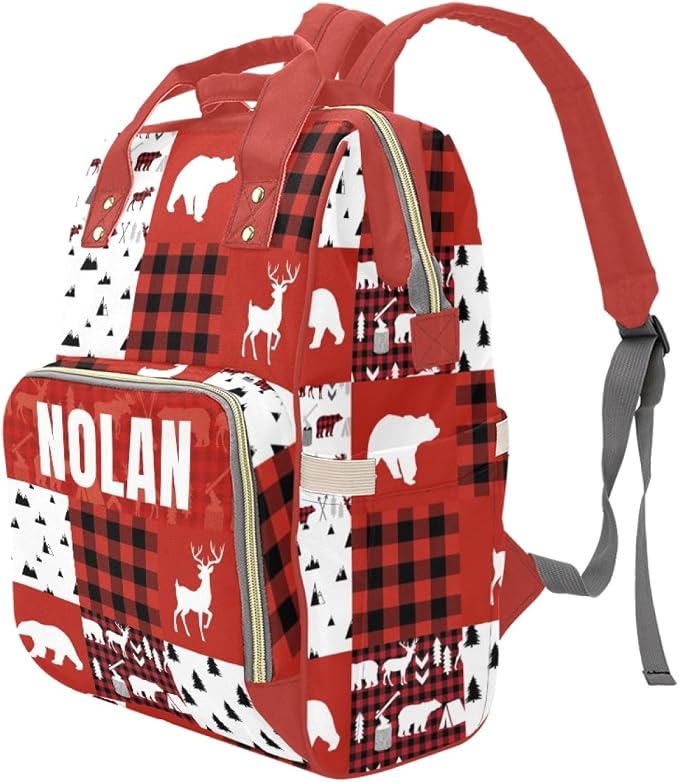 Personalized Woodland Deer Bear Diaper Bag with Name – Custom Baby Bag, Nursing Tote Backpack for Mom, Custom Name Mommy Daypack, Shower Gift for Baby