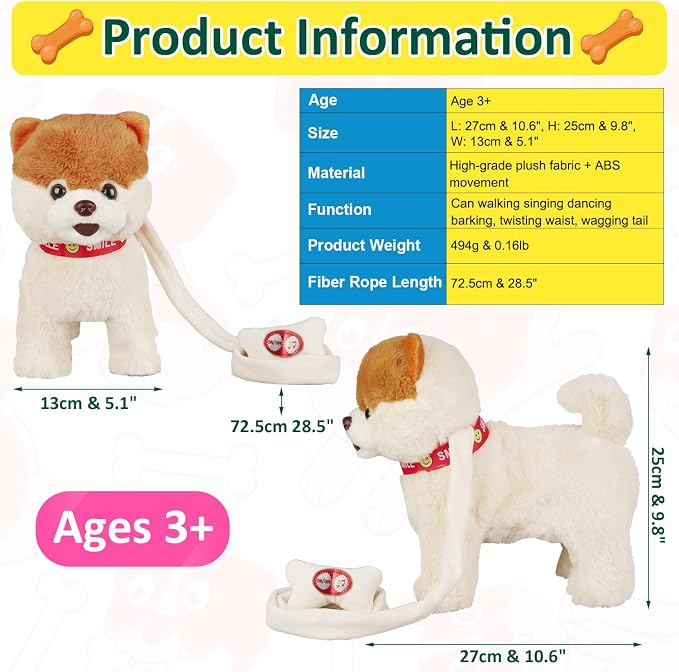 Marsjoy Musical Walking & Dancing Dog Toy with Leash - Interactive Plush Stuffed Animal for Boys & Girls