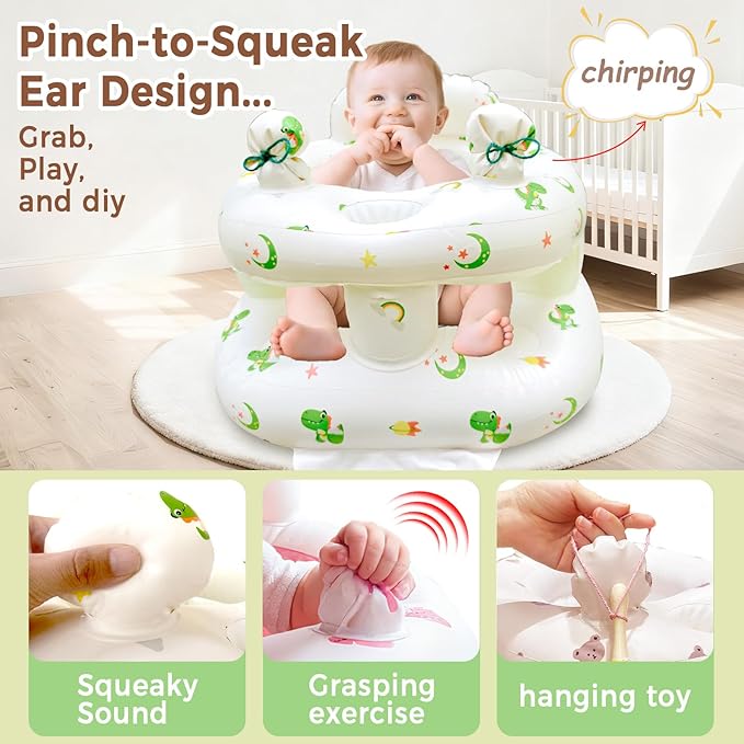 Inflatable Baby Seat for Babies 3-36 Monthsï¼?Squeaky Sound & Anti-Fall Design] Inflatable Chair with Sound-Making Ears, Baby Seat for Sitting-Up Practice, Built-in Air Pump (Ear Dinosaur)