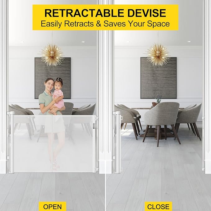 Reinforced 42??Extra Tall Retractable Dog Gate for Doorways, Extends up to 60??Wide, Mesh Baby Gate, Tall Baby Gates with Rods to Prevent Crawling Through Retractable Pet Gate Indoor Outdoor, White