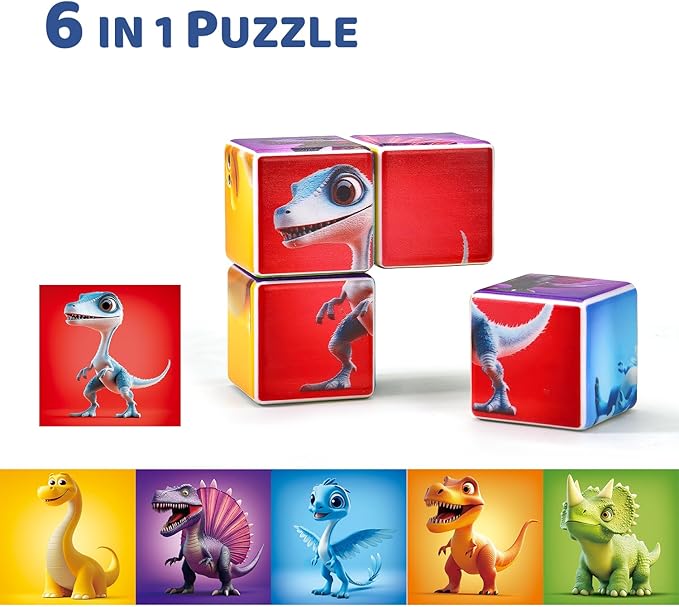 Pairez Toys Magnetic Blocks for Toddlers, Dinosaur Toys Puzzle Cubes for Kids, Sensory Toys for Kids Ages 1-3 Year Old Boys & Girls, 6 Dinosaur Building Ideas