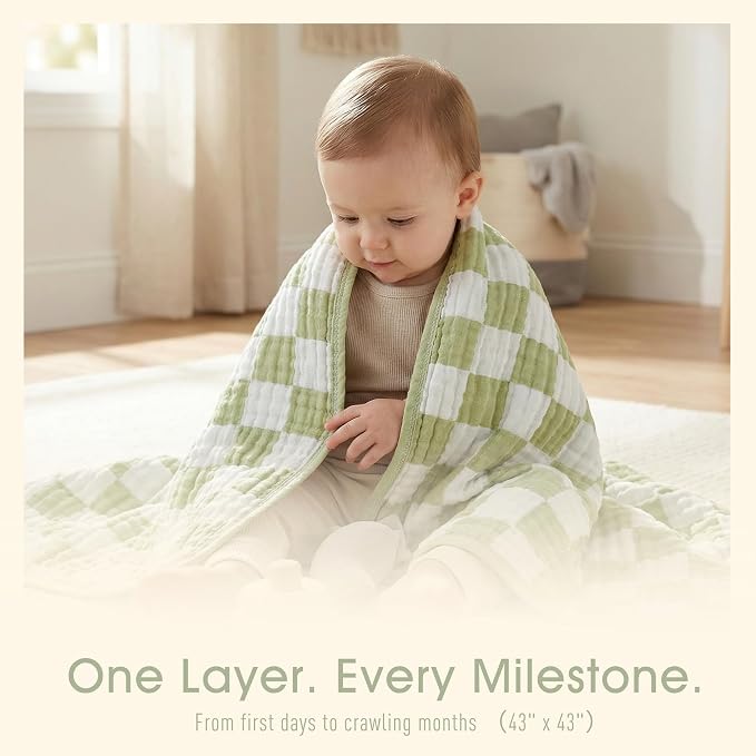 6-Layer Muslin Baby Blanket Made with Organic Cotton - Classic Neutral Checkered, Swaddle & Crib Quilt, 43”x43”, Warm Sage Green Checkered