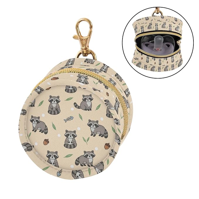 Cute Raccoon Leaves Beige Print Pacifier Holder Case for Diaper Bag Portable Travel Pacifier Storage Case with Clip Newborn Baby Pouch for Baby Boys Girls Outdoor Purse