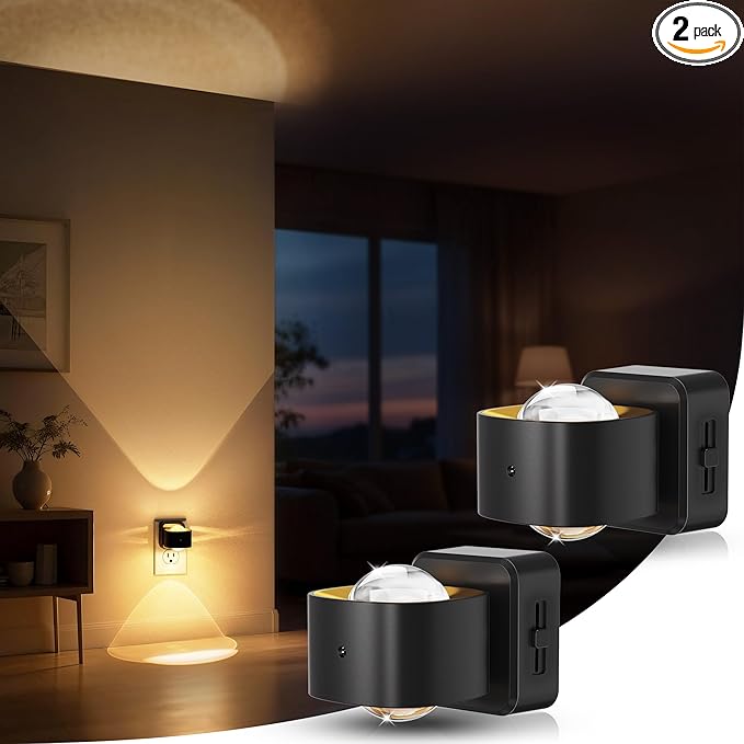 Briignite Night Light Projector, LED Night Lights Plug into Wall, 180° Rotating Night Light for Kids, Dusk to Dawn Sensor, 0-150LM Dimmable, Warm White Ambient Lighting for Bathroom, Gifts, 2 Pack