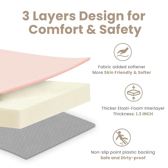 Huloo Sleep Baby Play Mat 65x50 Inches, 1.3" Thick Padded Waterproof Floor Cushion & Playpen Mat with Vegan Leather, Non-Slip & Non-Toxic Nursery Rug for Infants, Toddlers & Kids(Pink)