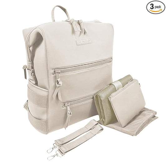 BUNSO Baby Neoprene Minimalist Backpack Diaper Bag with Pouch, Changing Pad, and Stroller Straps, Water Resistant and Lightweight, Cream