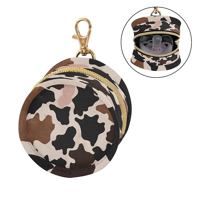 Pacifier Holder with Clip Pacifier Case for Diaper Bag Round Baby Pacifier Pouch Box Bag Portable Cow Skin Print Brown
